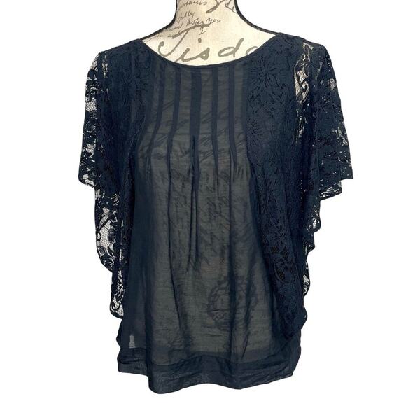 Joie Women's Joyce Black Lace Flutter Sleeve Boho Top Semi-sheer; Medium - Picture 1 of 8